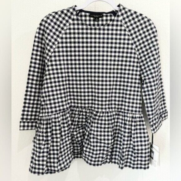 New Victoria Beckham Seersucker Preppy Peplum Black White Top Ruffle Medium - Picture 1 of 7
